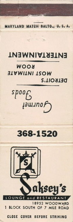 Sakseys Lounge & Restaurant (Sakseys Supperclub, Rampart St) - Matchbook